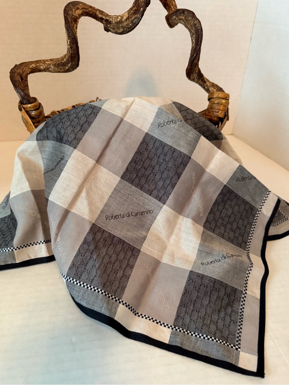 Roberta di Camerino Black, Gray & Cream Plaid Silk Scarf